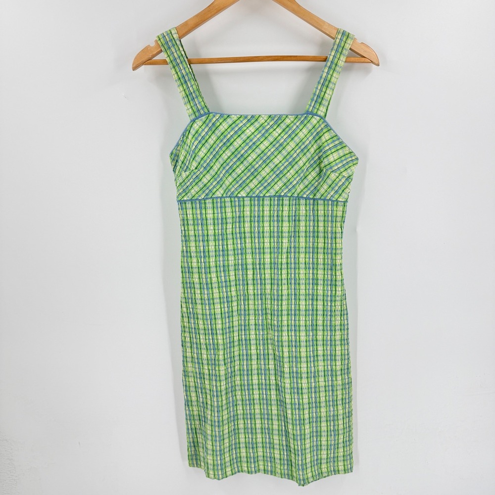 Vintage Y2K California Concepts Plaid Mini Dress Green 5 Seersucker Sleeveless